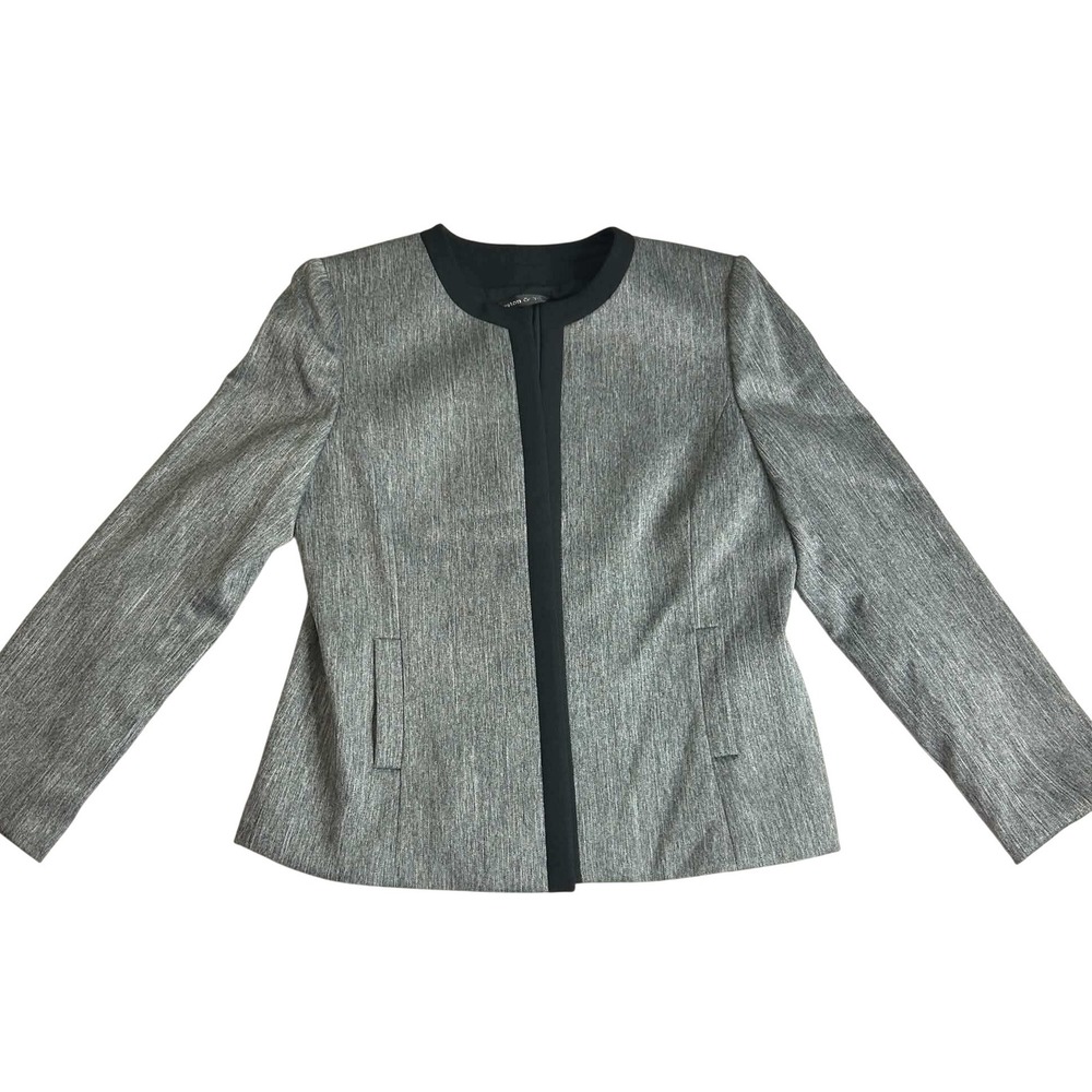 Preston & York Womens Gray Heathered Collarless Open Front Blazer Jacket Size L